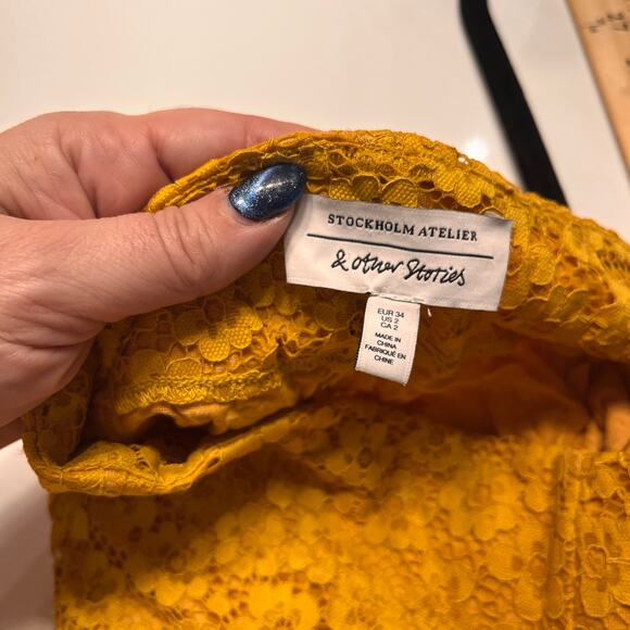 & Other Stories Yellow Lace Flare Stretch Pull on Pants Sz 2 - Picture 8 of 12